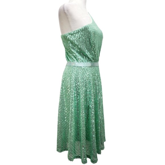 One-Shoulder Light Green Sequined Dress With Ribbon Waist Flowing Skirt Size M - Picture 11 of 12